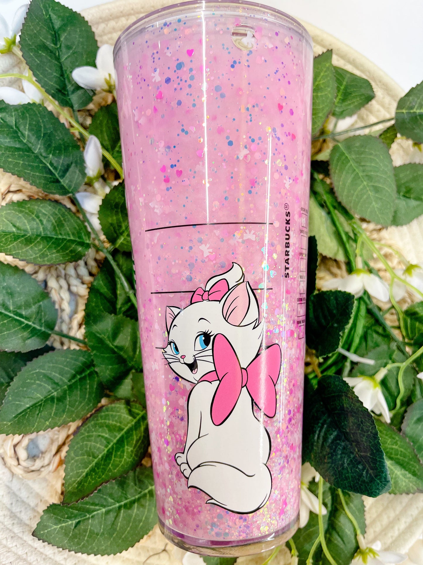 Starbucks Tumbler Marie kitten kitty Glitter Snowglobe Liquid Filled and personalized, decorated lid with charms, rhinestones and pearls.