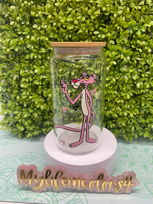 Pink panther eco solvent custom design glass can cup perfect for hot and cold drinks. Durable Custom 16 oz glass can