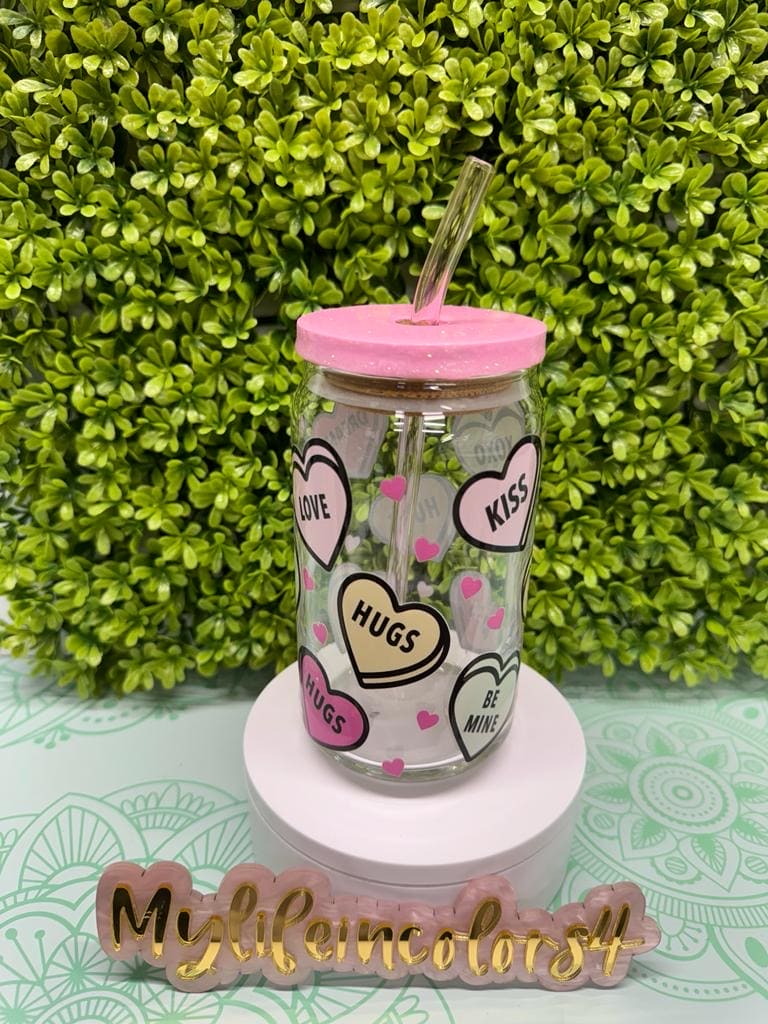 Custom 16 oz Valentine love candy bites design glass can cup perfect for hot and cold drinks. Durable Custom 16 oz glass can