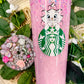 Starbucks Tumbler Marie kitten kitty Glitter Snowglobe Liquid Filled and personalized, decorated lid with charms, rhinestones and pearls.