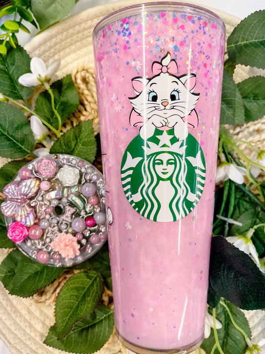 Starbucks Tumbler Marie kitten kitty Glitter Snowglobe Liquid Filled and personalized, decorated lid with charms, rhinestones and pearls.