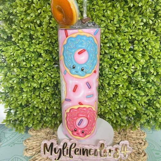 20 oz Straight Double Wall Tumbler Donut cup with a 3D Lid with artificial ice cubes and Donuts and chocolate candy pieces