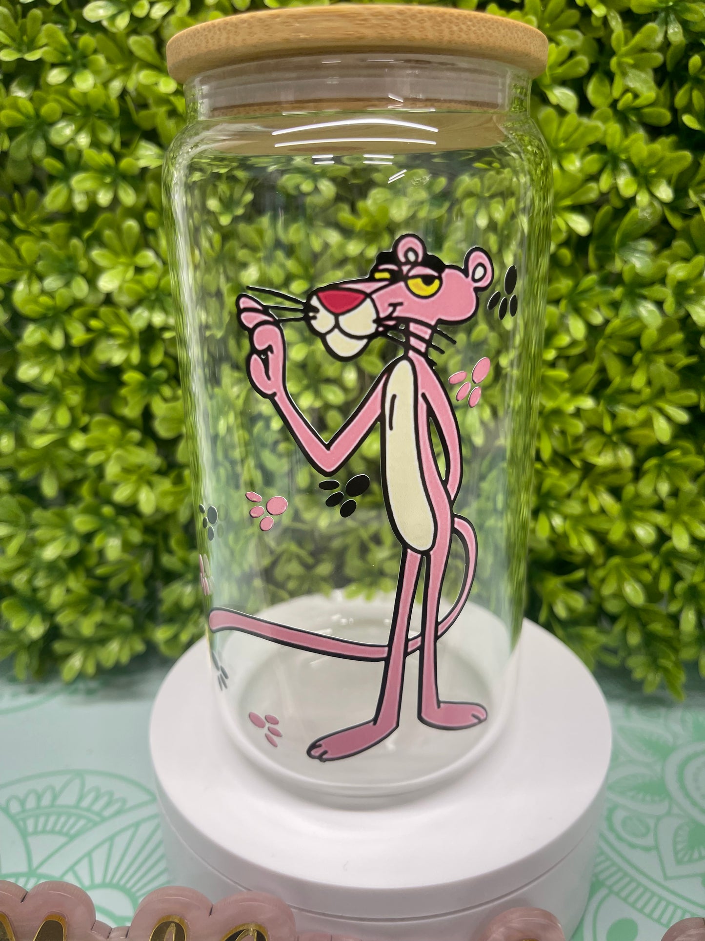 Pink panther eco solvent custom design glass can cup perfect for hot and cold drinks. Durable Custom 16 oz glass can