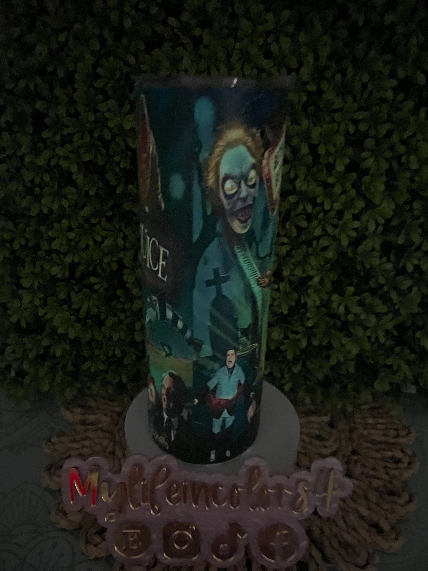 Glow in the Dark Halloween inspired Beetle Juice Tumbler. Fun Cup, keeps the drinks cold for a very long time.