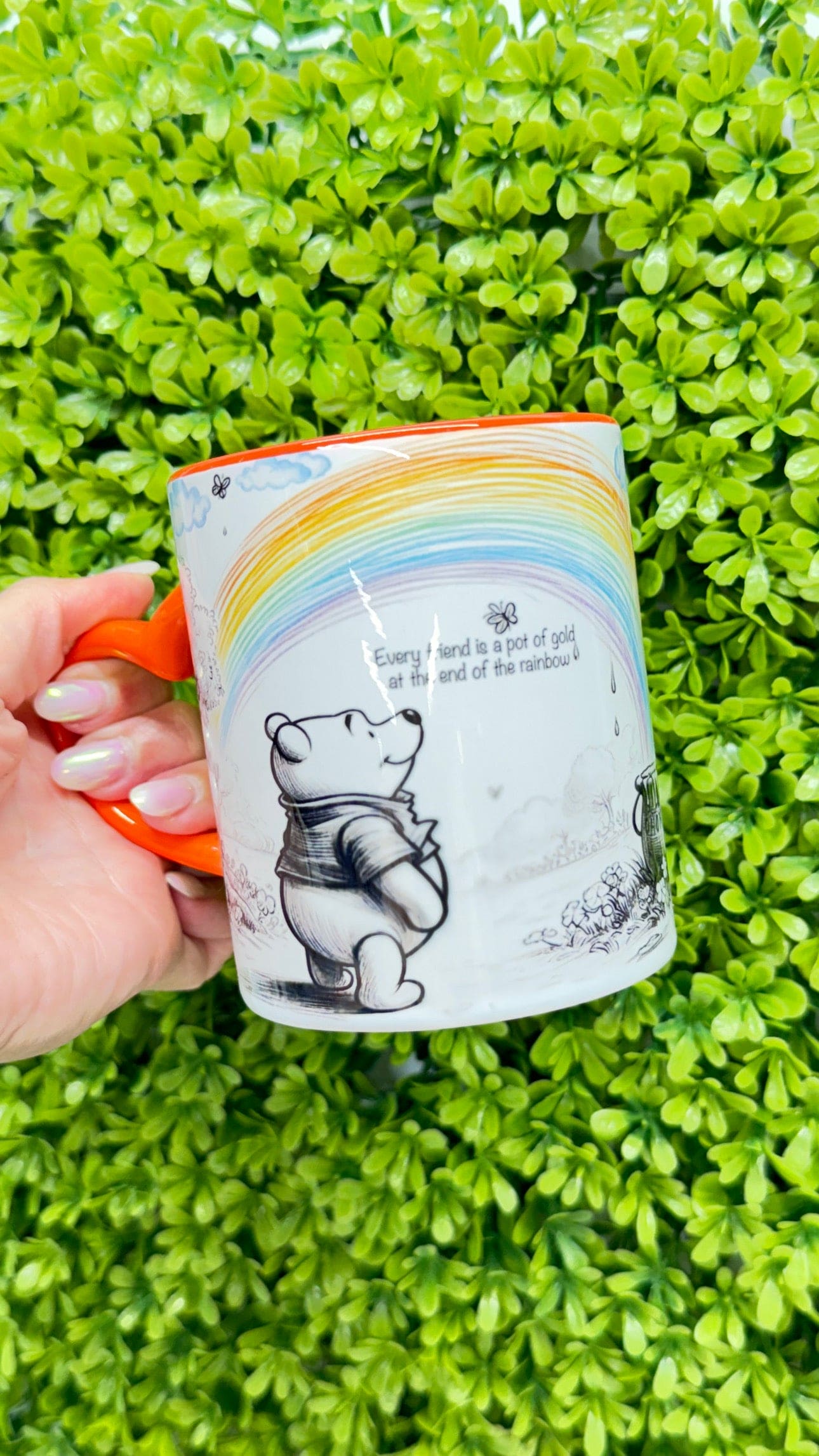 12 oz Custom cup Winnie the pooh png sublimation black and white colorful design  personalized Mugs with orange heart handle and orange interior