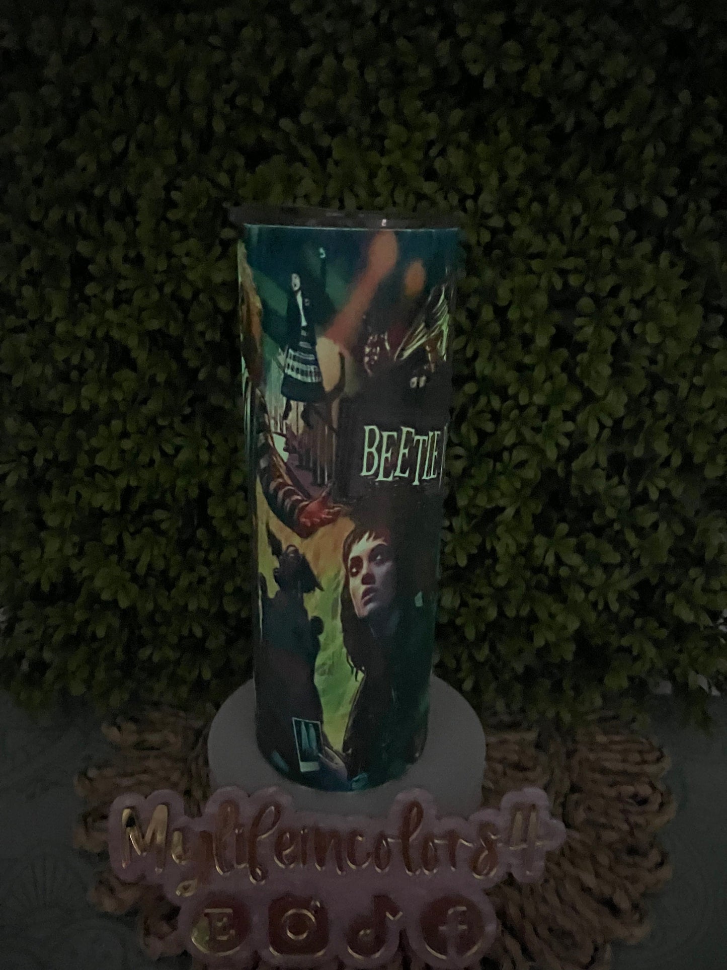 Glow in the Dark Halloween inspired Beetle Juice Tumbler. Fun Cup, keeps the drinks cold for a very long time.