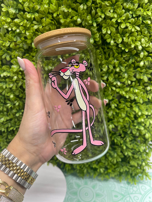 Pink panther eco solvent custom design glass can cup perfect for hot and cold drinks. Durable Custom 16 oz glass can