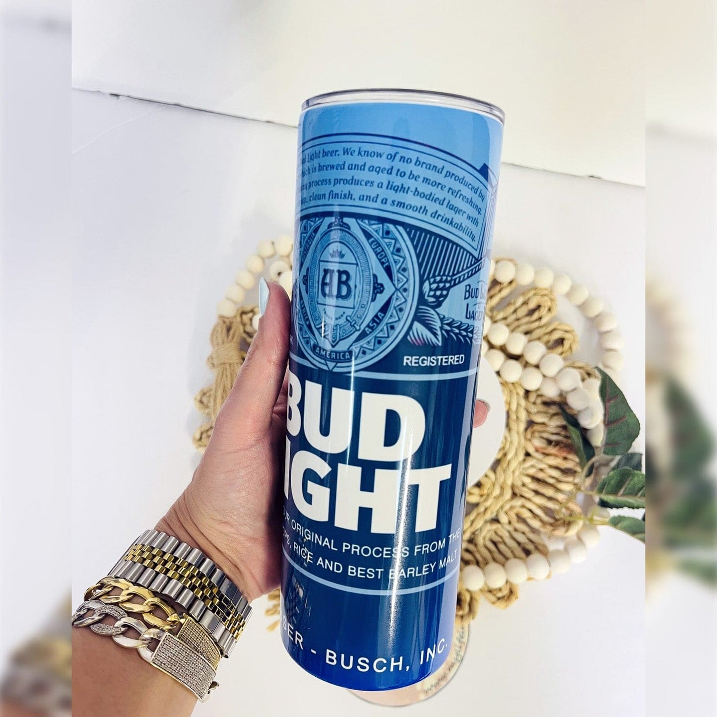 Bud Light 20 oz Skinny Straight tumbler for hot and cold drinks.