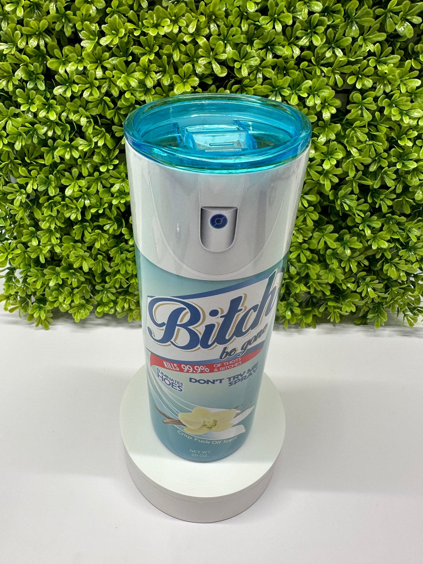 Sassy Elegance: Personalized 20 oz Stainless Steel Tumbler with 'Bitch Be Gone' Design, Lysol spray inspiration is Blue,  with Clear or Blue Colorful Lid