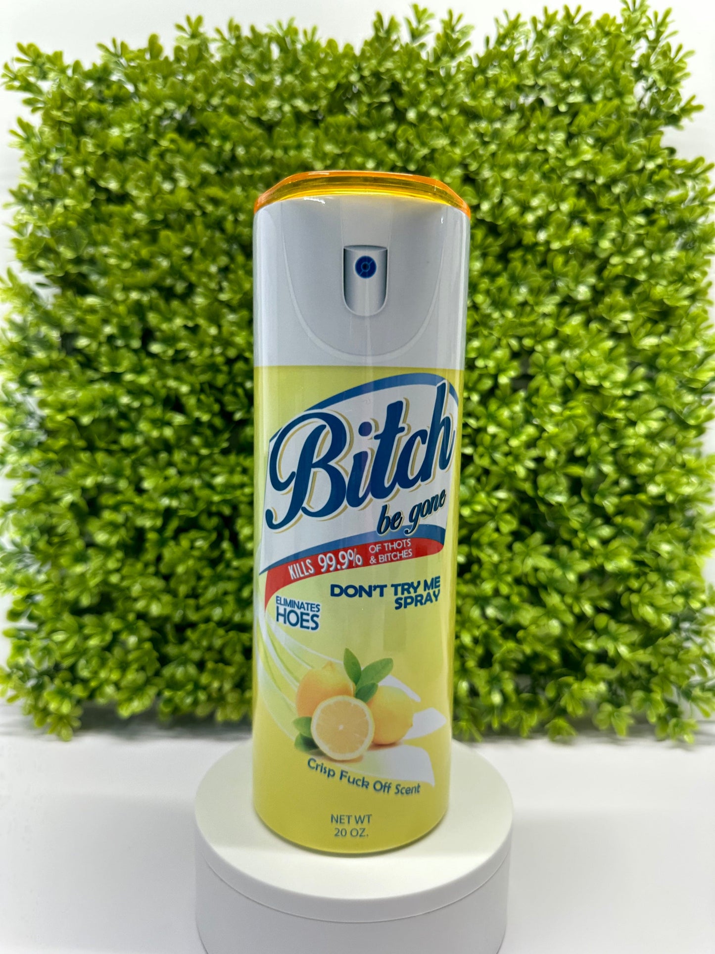 Sassy Elegance: Personalized 20 oz Stainless Steel Tumbler with 'Bitch Be Gone' Design, Lysol spray inspiration is Yellow, with Yellow Colorful Lid