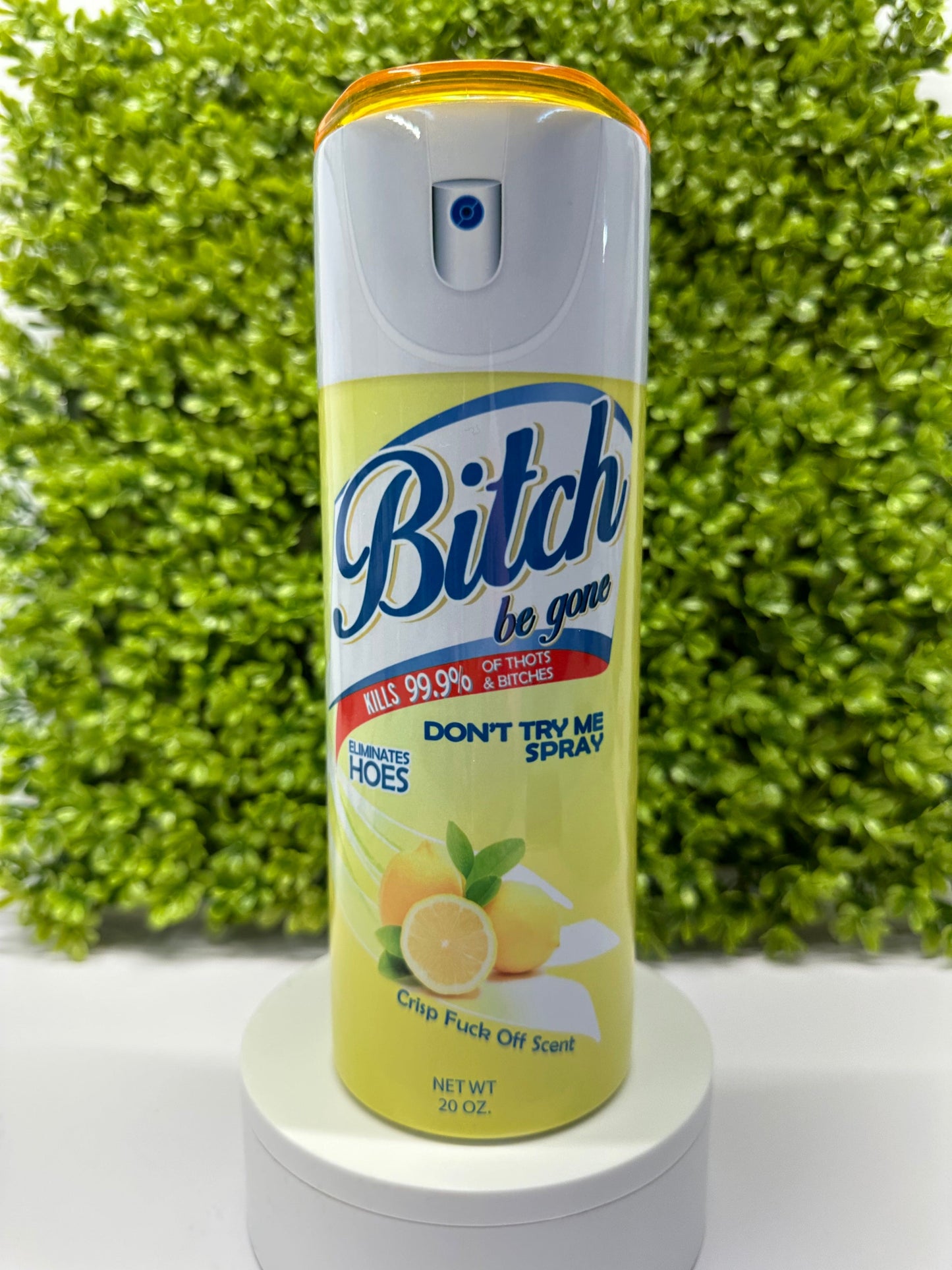 Sassy Elegance: Personalized 20 oz Stainless Steel Tumbler with 'Bitch Be Gone' Design, Lysol spray inspiration is Yellow, with Yellow Colorful Lid