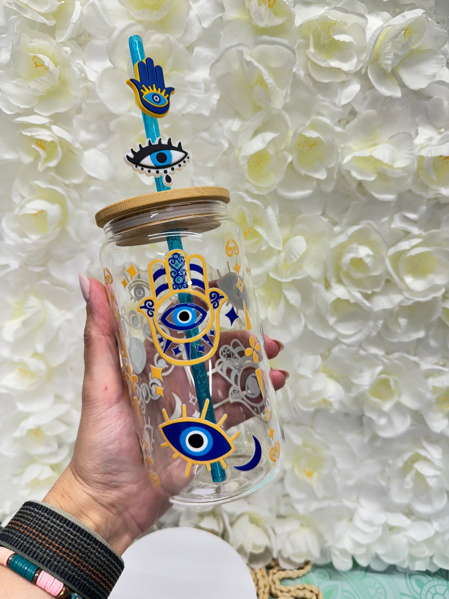 Custom hamsa evil eye turkish hamsa design 16 oz clear glass tumbler with bamboo lid