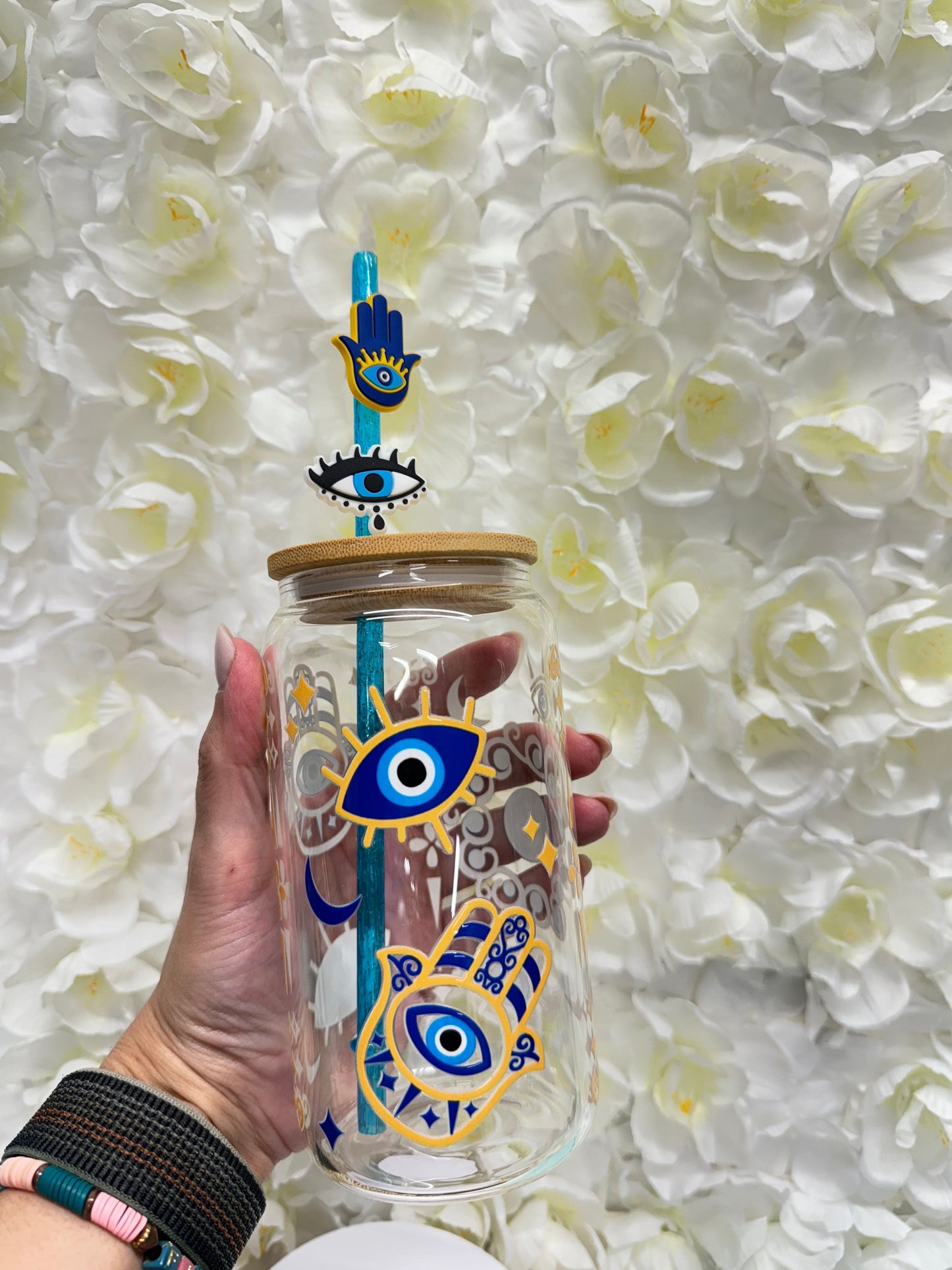 Custom hamsa evil eye turkish hamsa design 16 oz clear glass tumbler with bamboo lid