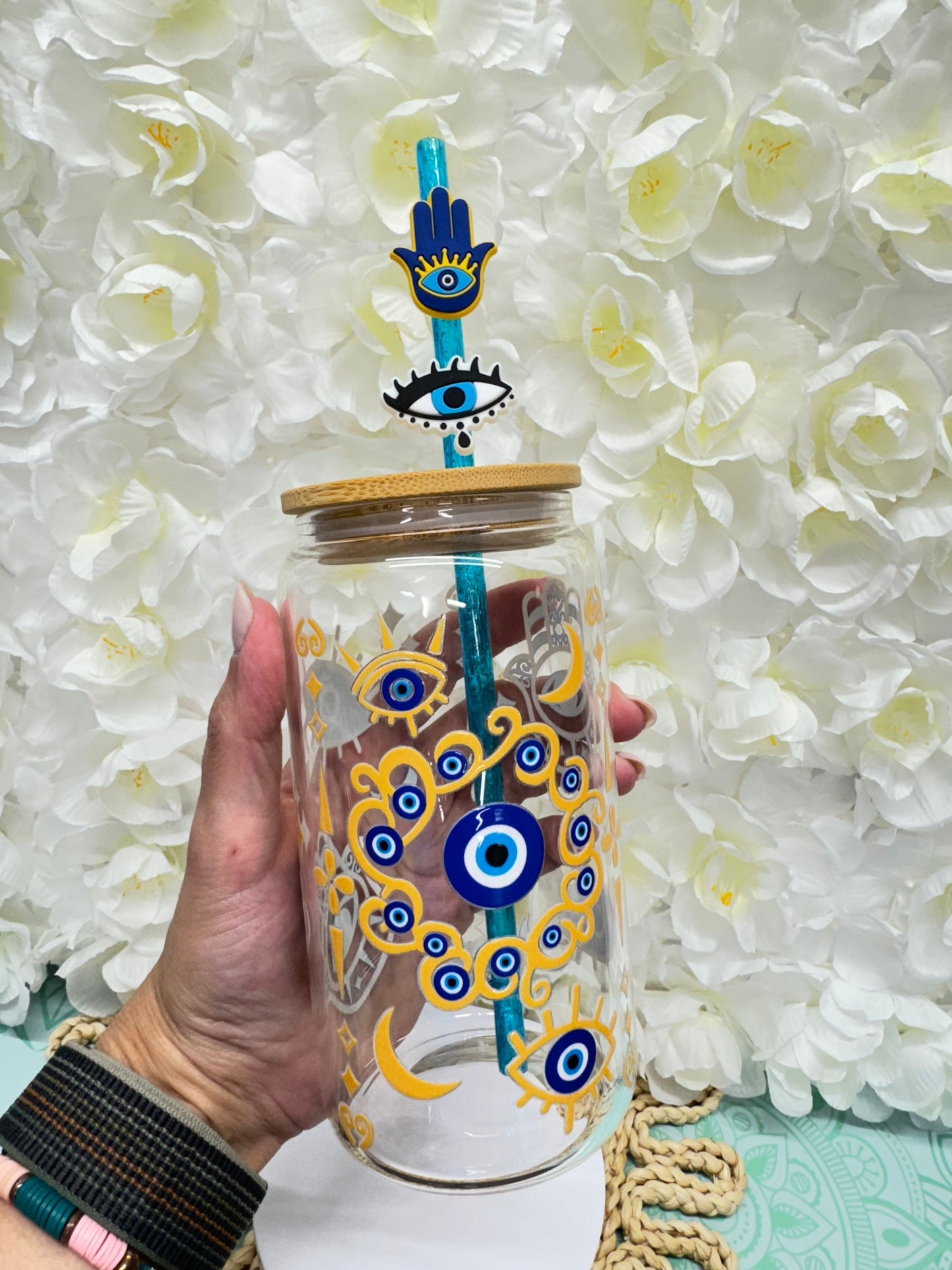 Custom hamsa evil eye turkish hamsa design 16 oz clear glass tumbler with bamboo lid