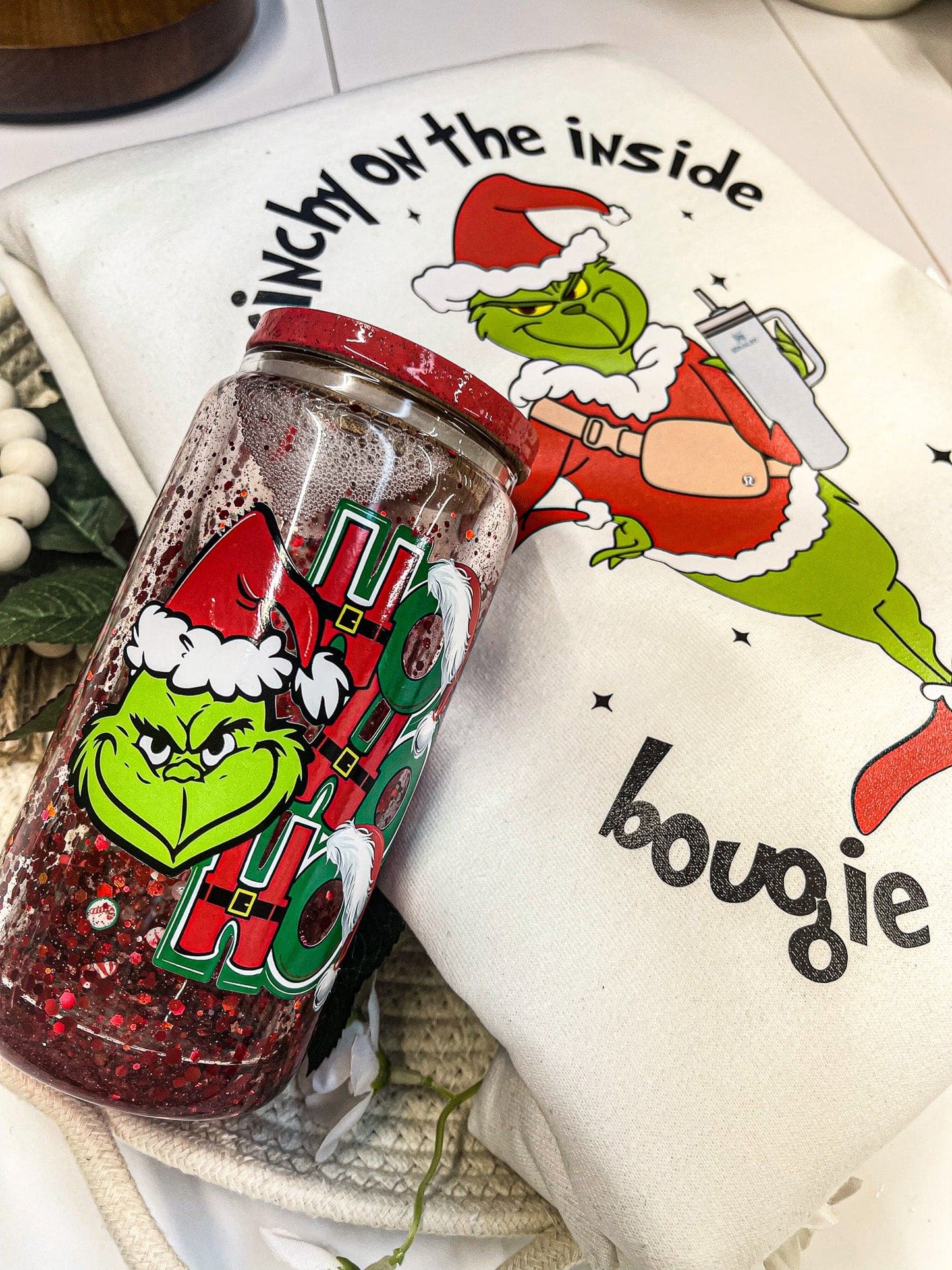 Snow Globe Glass Can Grinch Cup, perfect Christmas Holiday Gift