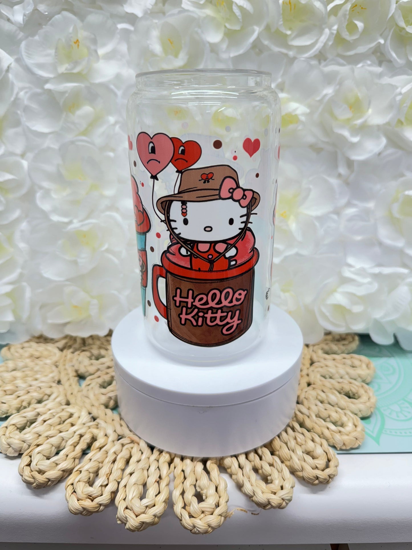 Custom Benito hello kitty 16 oz clear glass tumbler with bamboo lid