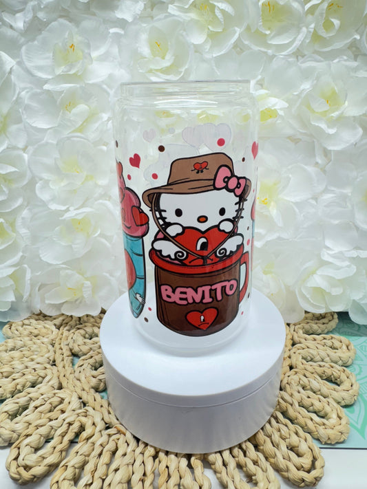 Custom Benito hello kitty 16 oz clear glass tumbler with bamboo lid