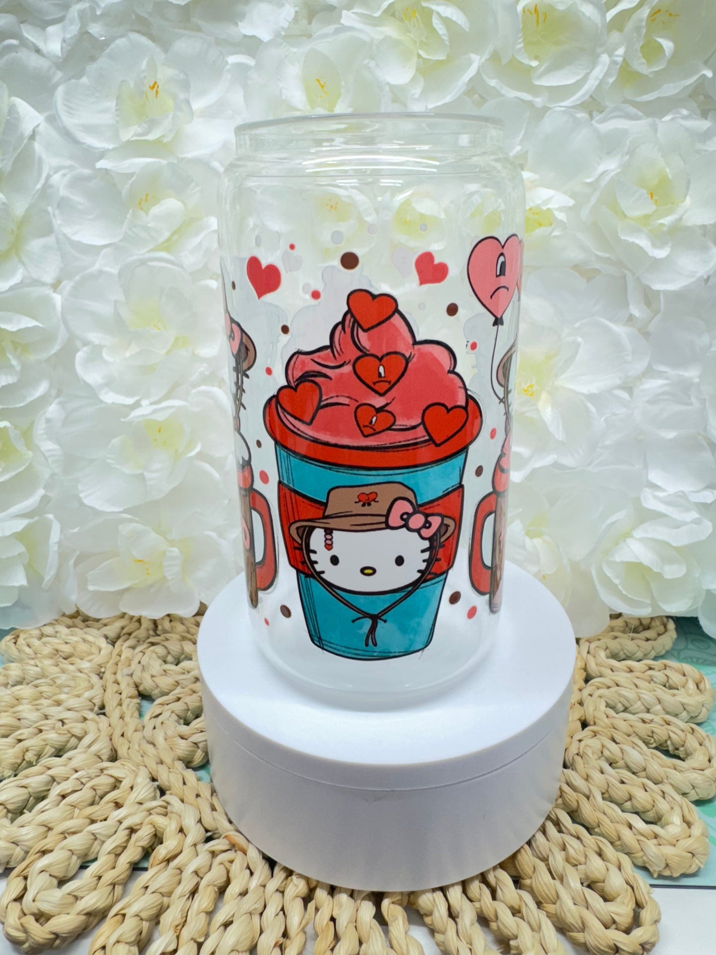 Custom Benito hello kitty 16 oz clear glass tumbler with bamboo lid