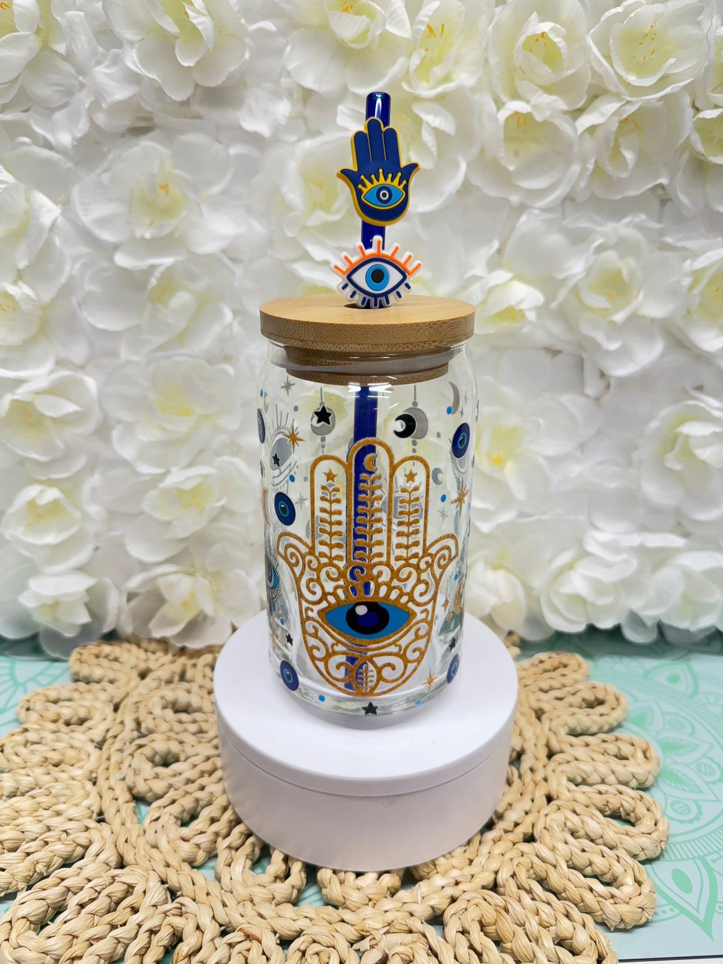 16 oz custom handmade clear glass can beer can evil eye hamsa tumbler cup with bamboo lid