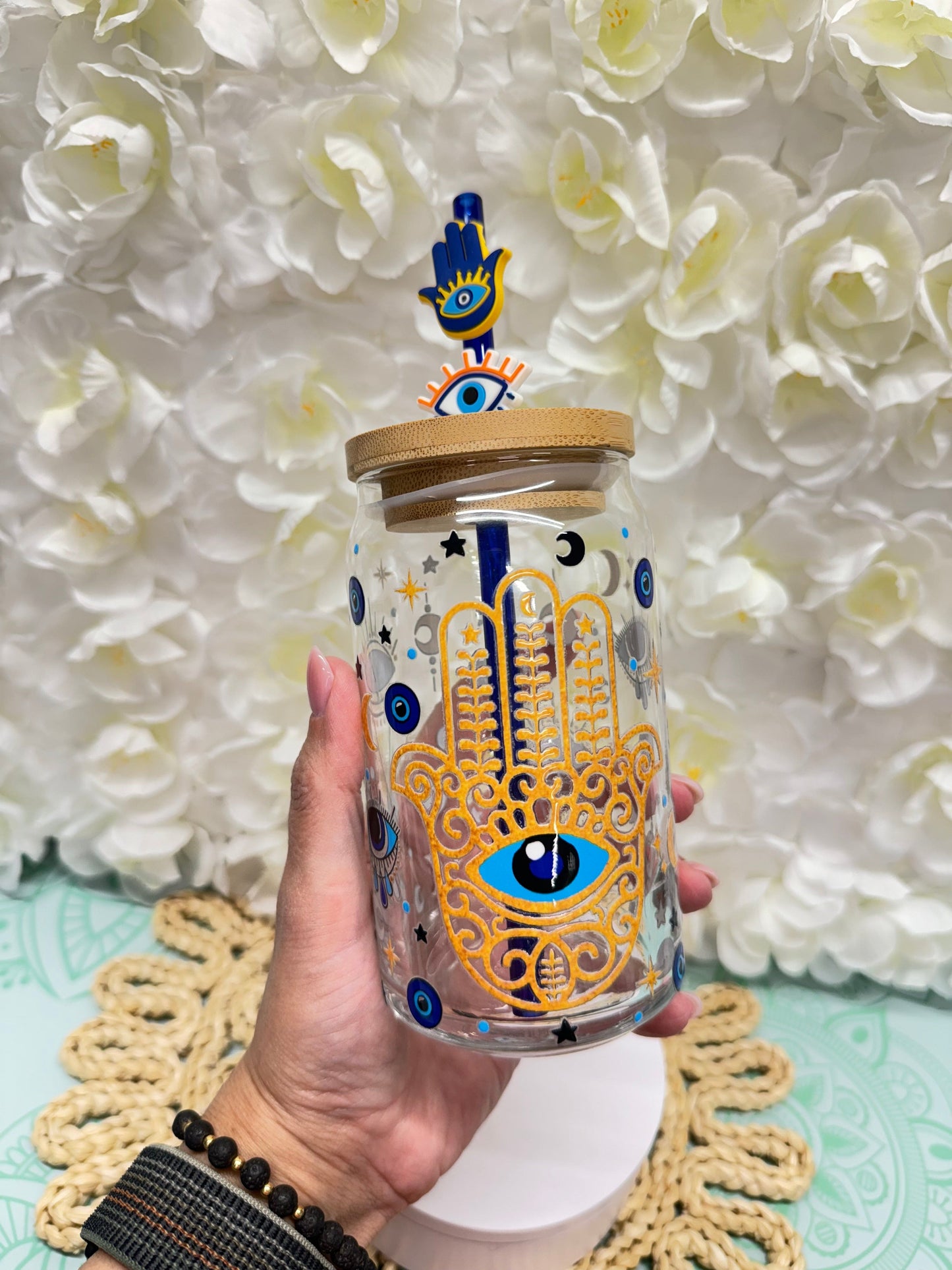 16 oz custom handmade clear glass can beer can evil eye hamsa tumbler cup with bamboo lid