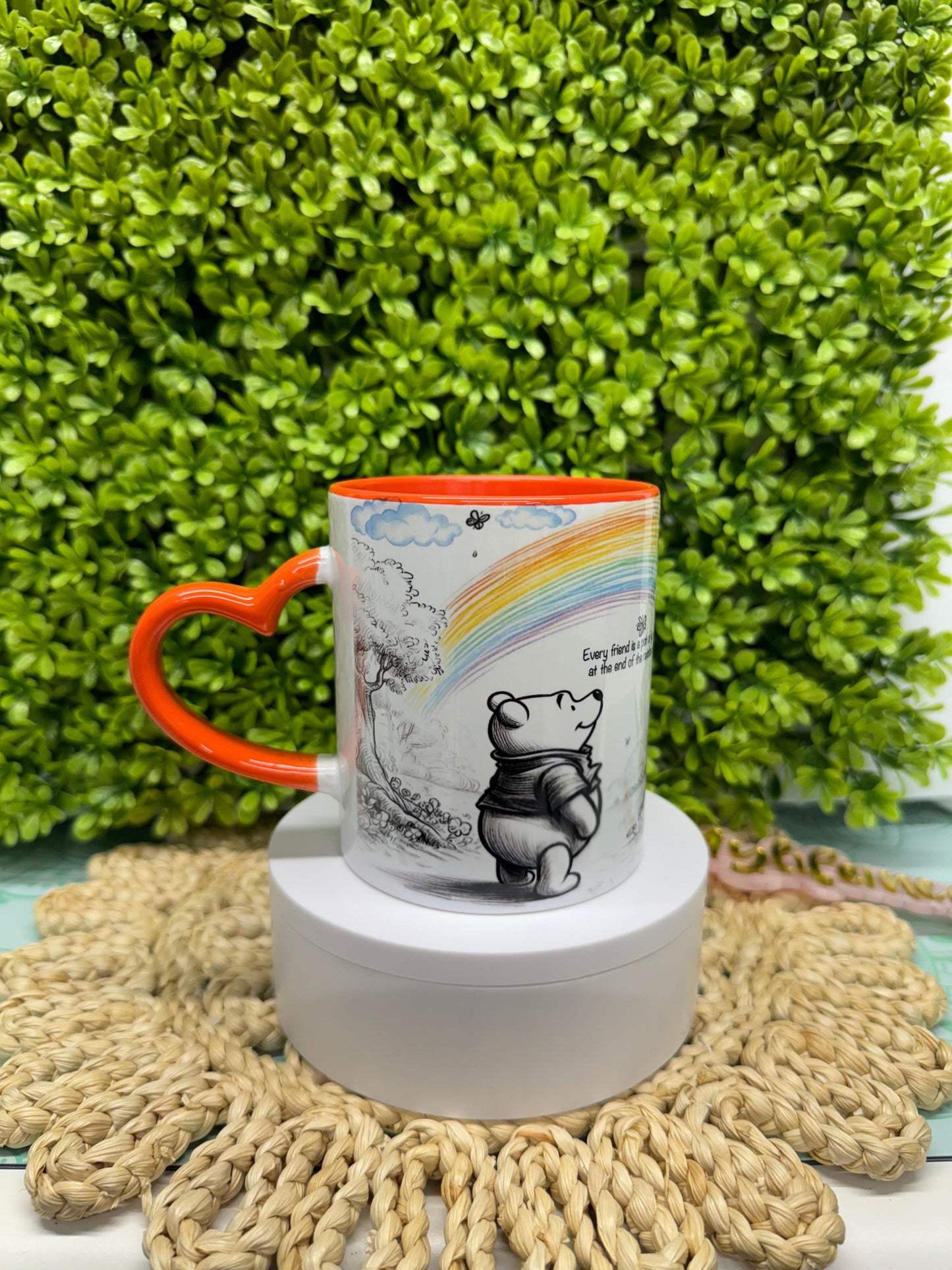 12 oz Custom cup Winnie the pooh png sublimation black and white colorful design  personalized Mugs with orange heart handle and orange interior