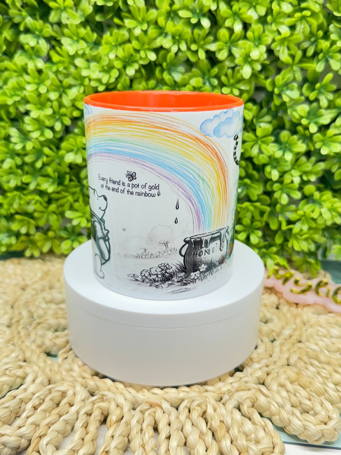 12 oz Custom cup Winnie the pooh png sublimation black and white colorful design  personalized Mugs with orange heart handle and orange interior