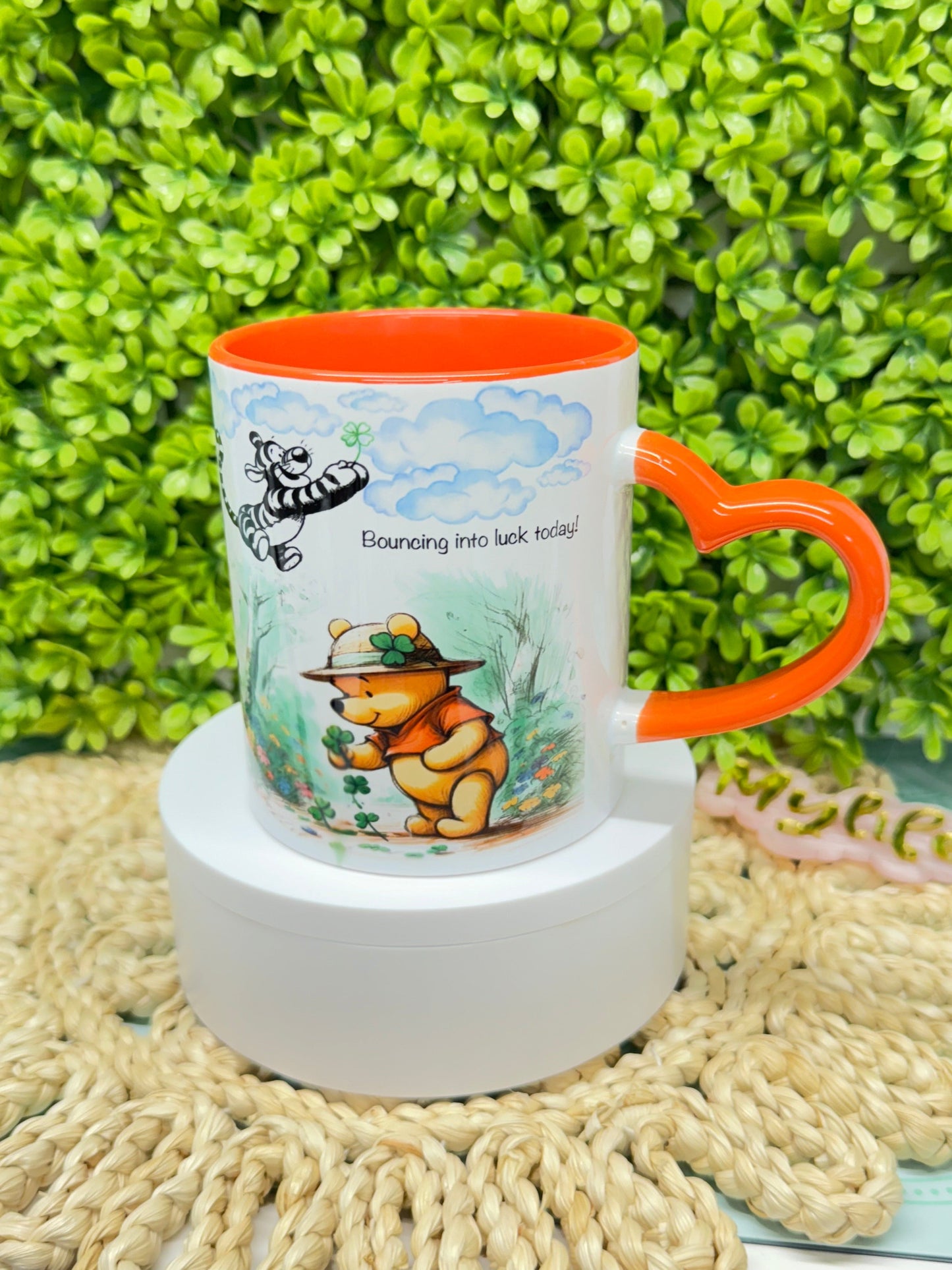 12 oz Custom cup Winnie the pooh png sublimation black and white colorful design  personalized Mugs with orange heart handle and orange interior