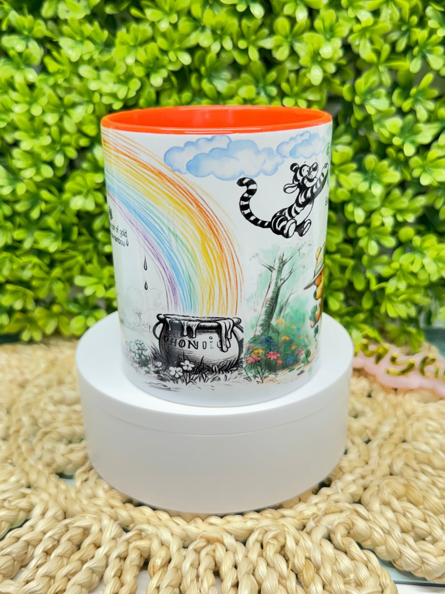 12 oz Custom cup Winnie the pooh png sublimation black and white colorful design  personalized Mugs with orange heart handle and orange interior