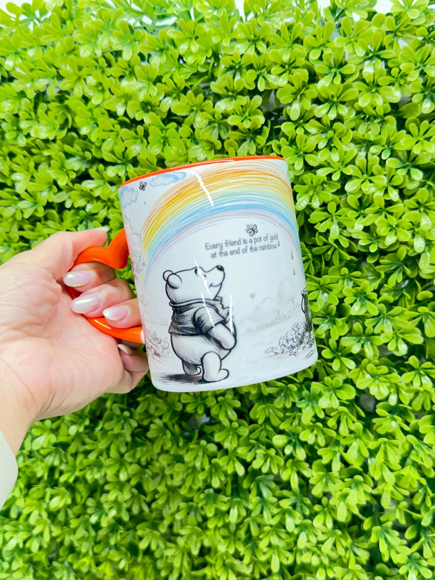 12 oz Custom cup Winnie the pooh png sublimation black and white colorful design  personalized Mugs with orange heart handle and orange interior