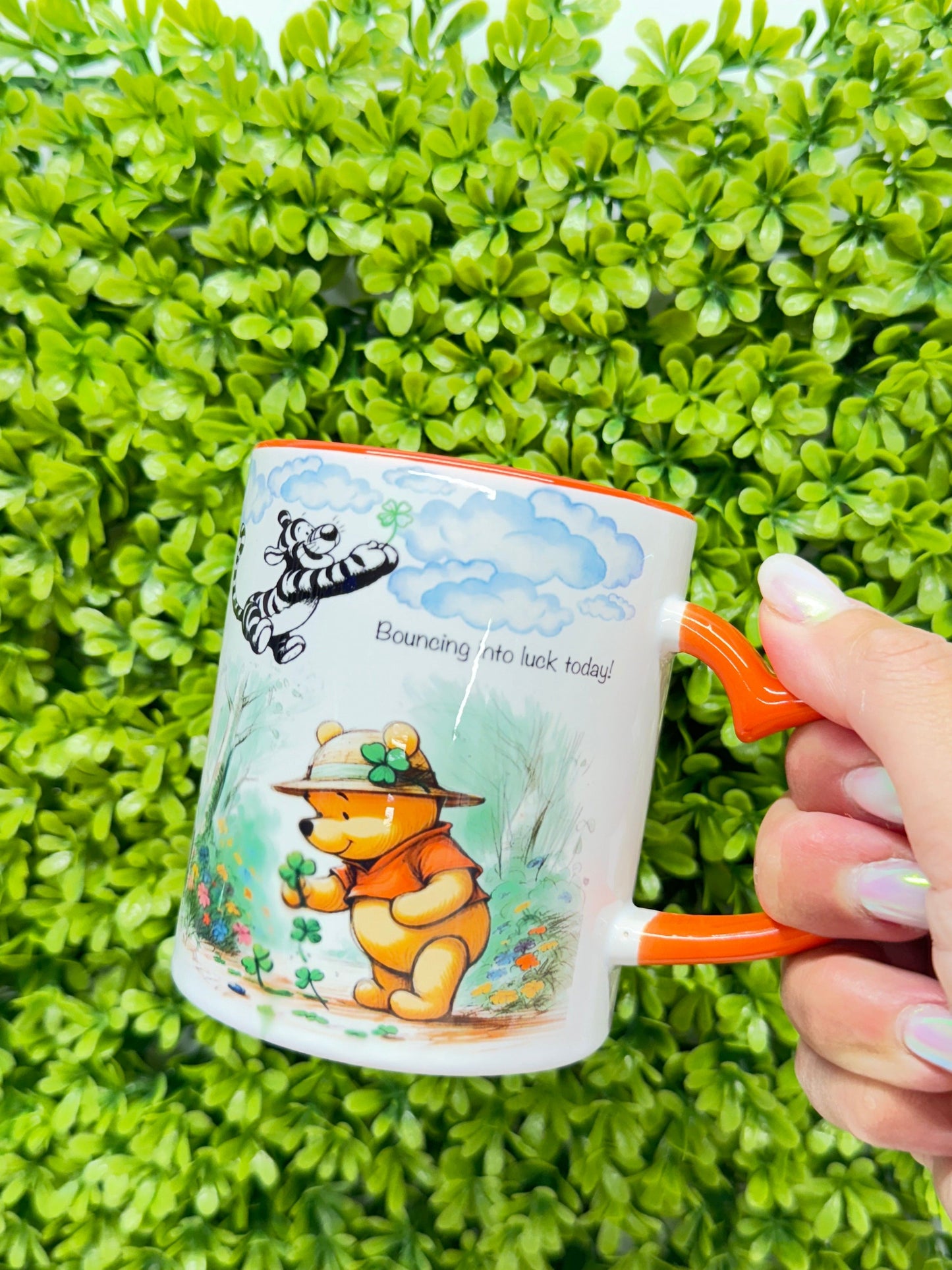 12 oz Custom cup Winnie the pooh png sublimation black and white colorful design  personalized Mugs with orange heart handle and orange interior