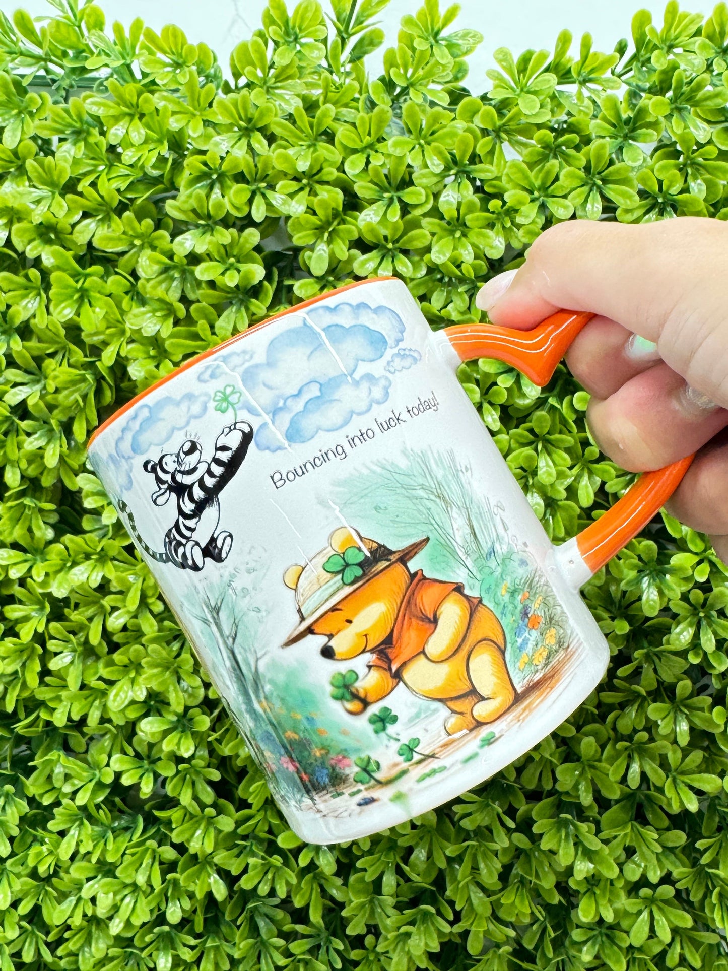 12 oz Custom cup Winnie the pooh png sublimation black and white colorful design  personalized Mugs with orange heart handle and orange interior