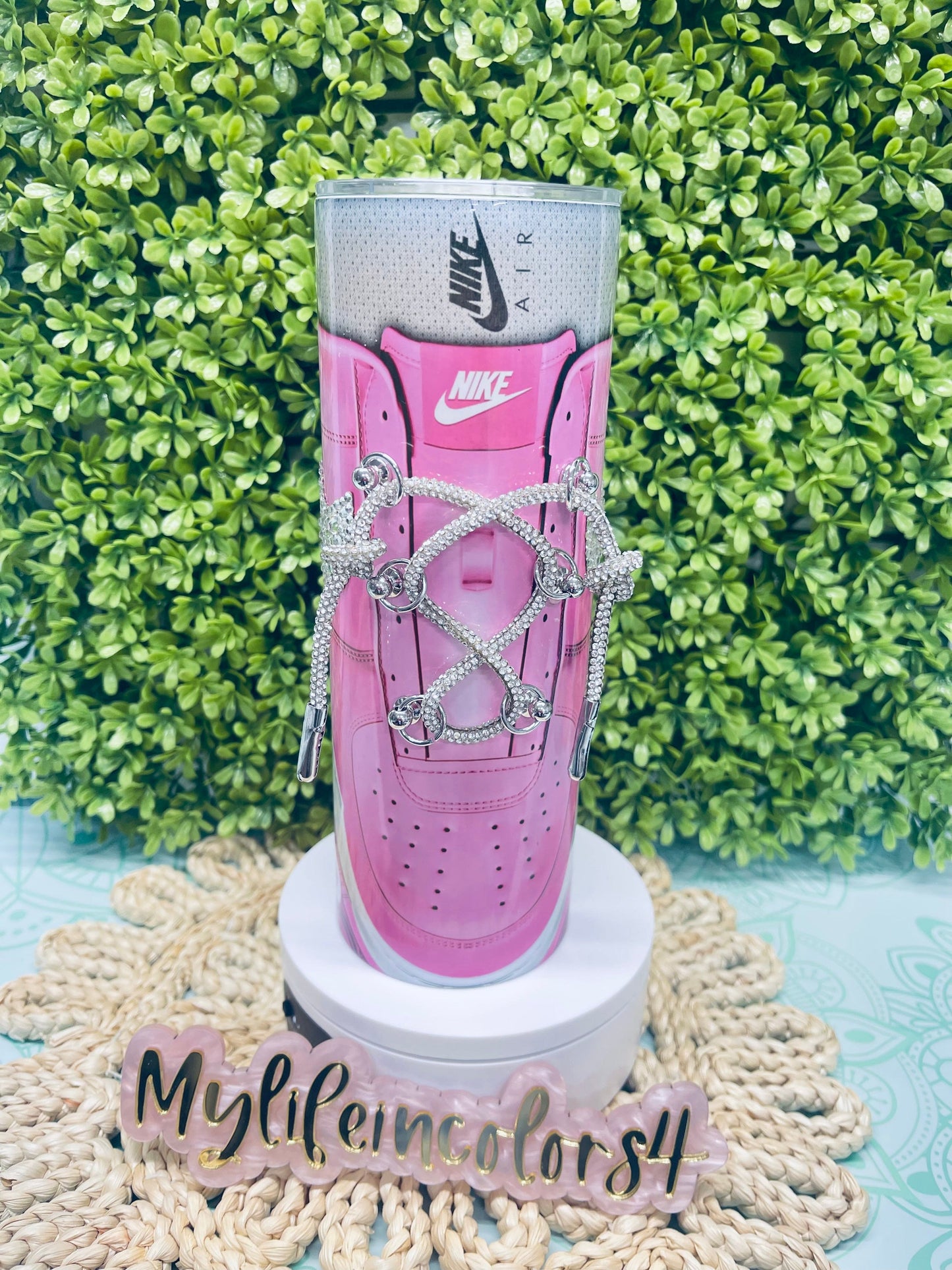 Custom Graduation 20 oz Straight Double Wall Tumbler, retro shoes with rhinestones blinking laces. Reusable Plastic straw. Gift cup easter gift basket filler