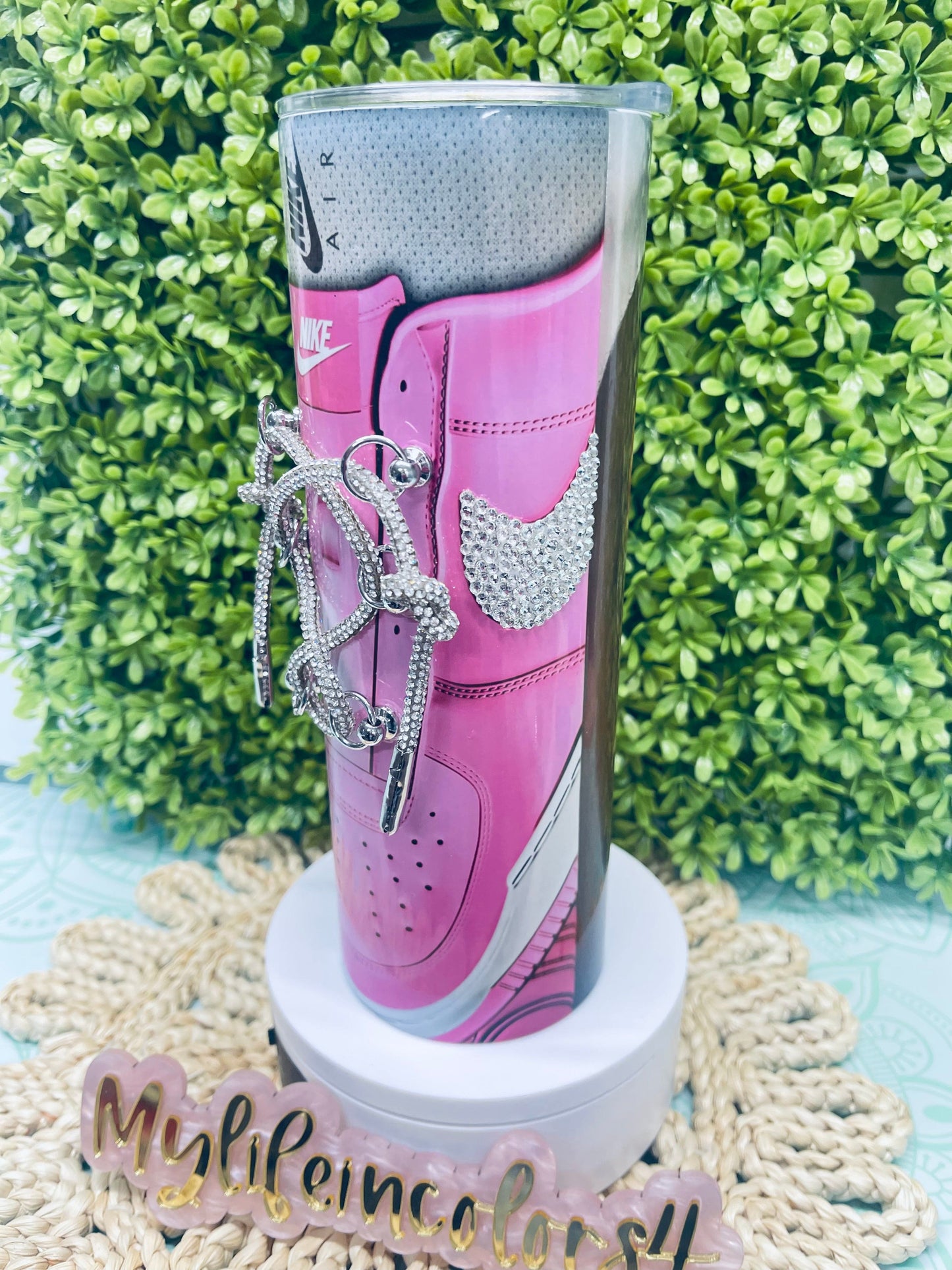 Custom Graduation 20 oz Straight Double Wall Tumbler, retro shoes with rhinestones blinking laces. Reusable Plastic straw. Gift cup easter gift basket filler