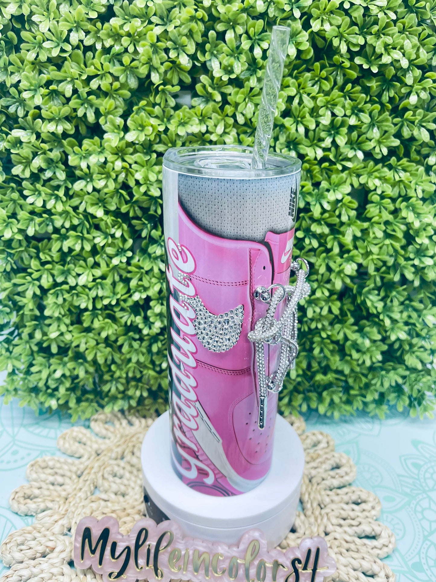 Custom Graduation 20 oz Straight Double Wall Tumbler, retro shoes with rhinestones blinking laces. Reusable Plastic straw. Gift cup easter gift basket filler