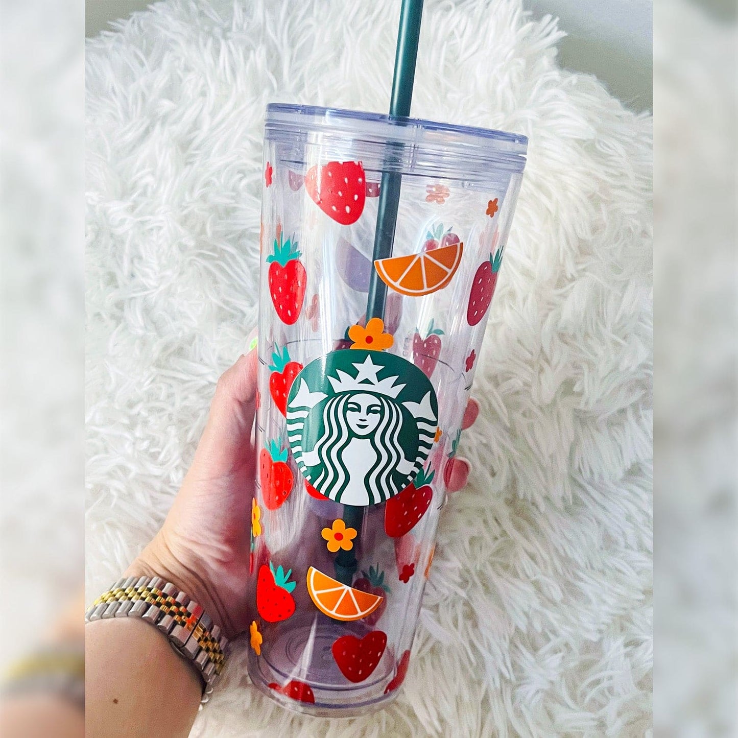 Custom Starbucks Orange and Strawberries Personalized Acrylic Tumbler