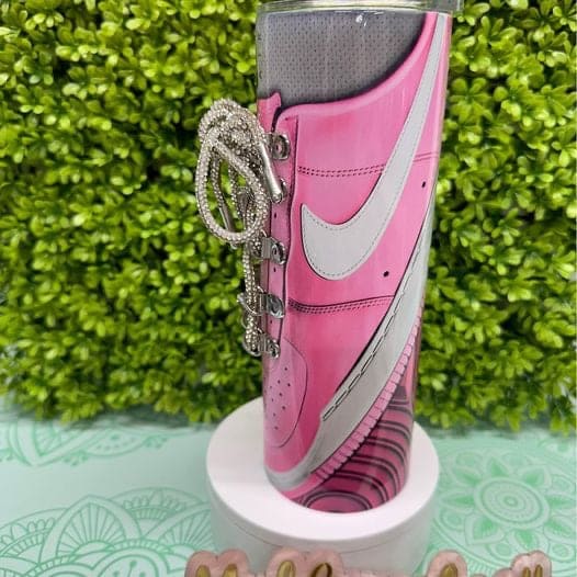 20 oz Straight Double Wall Tumbler, retro shoes with rhinestones blinking laces. Reusable Plastic straw. Gift cup easter gift basket filler