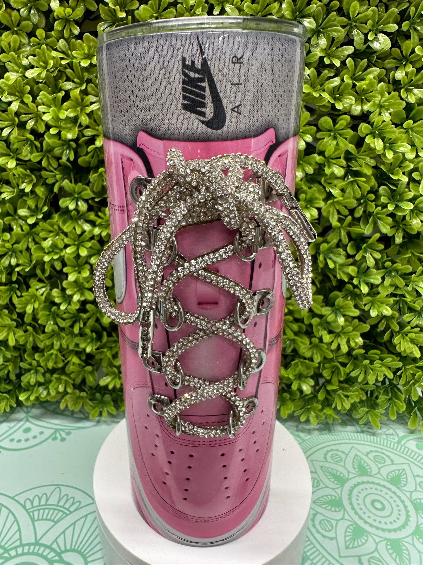 20 oz Straight Double Wall Tumbler, retro shoes with rhinestones blinking laces. Reusable Plastic straw. Gift cup easter gift basket filler