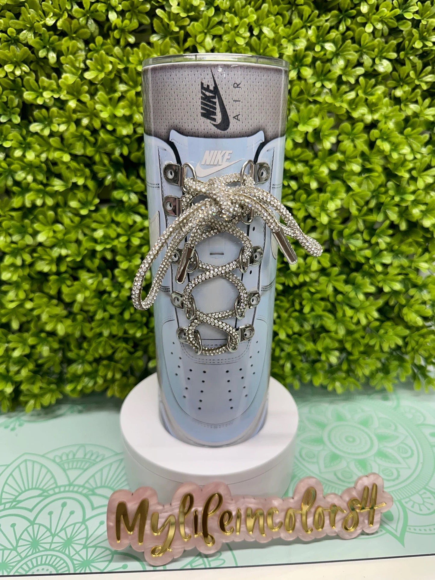 Custom Graduation 20 oz Straight Double Wall Tumbler, retro shoes with rhinestones blinking laces. Reusable Plastic straw. Gift cup easter gift basket filler