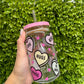 Custom 16 oz Valentine love candy bites design glass can cup perfect for hot and cold drinks. Durable Custom 16 oz glass can