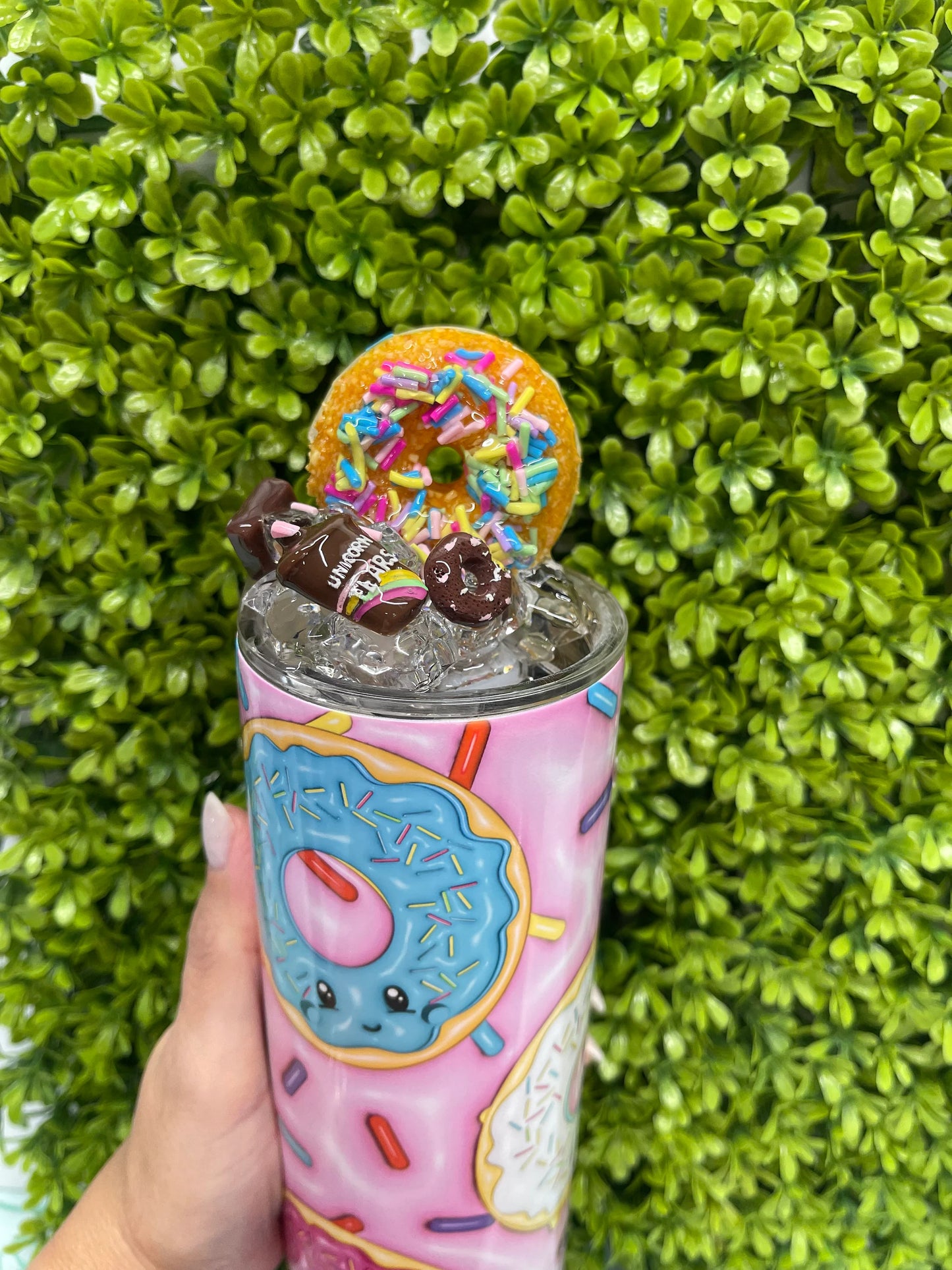 20 oz Straight Double Wall Tumbler Donut cup with a 3D Lid with artificial ice cubes and Donuts and chocolate candy pieces