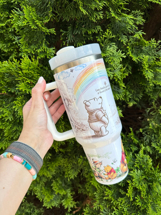 40 oz Custom made Winnie the pooh stanley style cup and tumbler. Handmade and a great gift for Kids, adults, friend family graduation and more