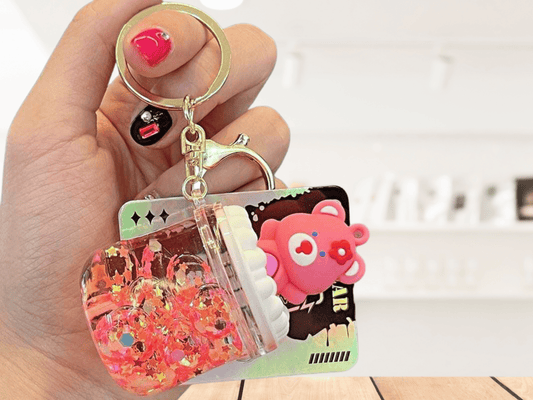 Bubble Tea Key Ring, Boba Milk Keychain Accessory Key Charm Tea Cup Design Tapioca Ball Drink Design Shaker Beverage cup care bear