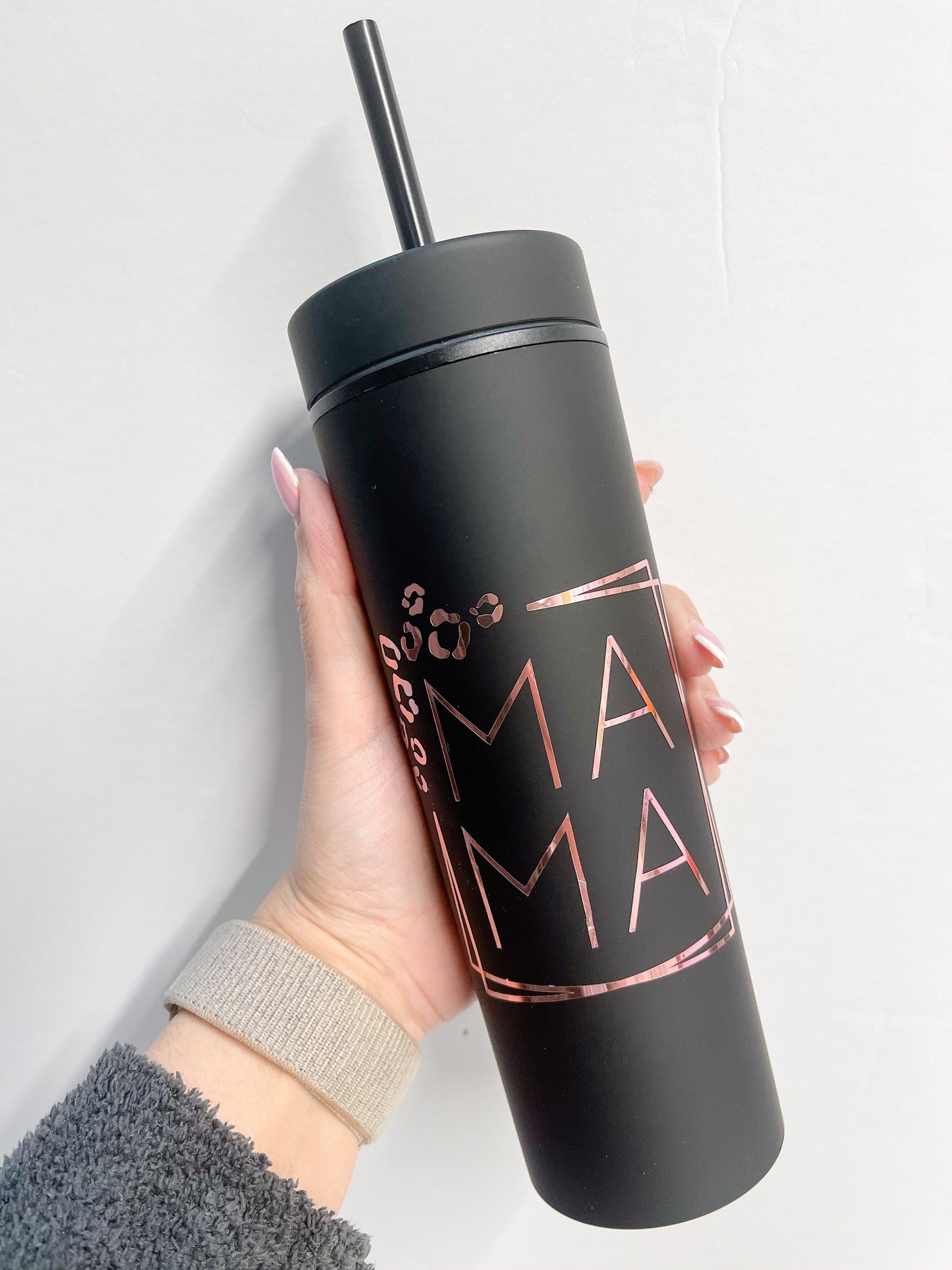 Black Matte Tumbler, Rose Gold Metallic Cheetah print with Personalized Mama print. 16 oz Skinny Tumblers with straw/ Vinyl DIY Gift.