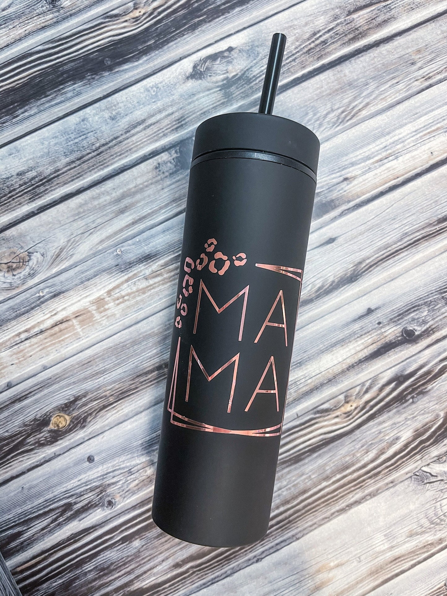 Black Matte Tumbler, Rose Gold Metallic Cheetah print with Personalized Mama print. 16 oz Skinny Tumblers with straw/ Vinyl DIY Gift.