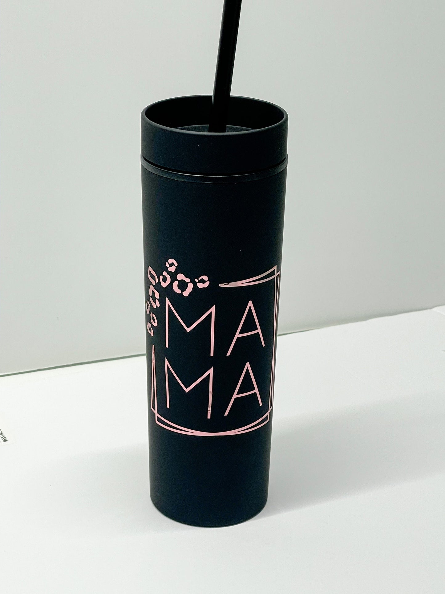 Black Matte Tumbler, Rose Gold Metallic Cheetah print with Personalized Mama print. 16 oz Skinny Tumblers with straw/ Vinyl DIY Gift.