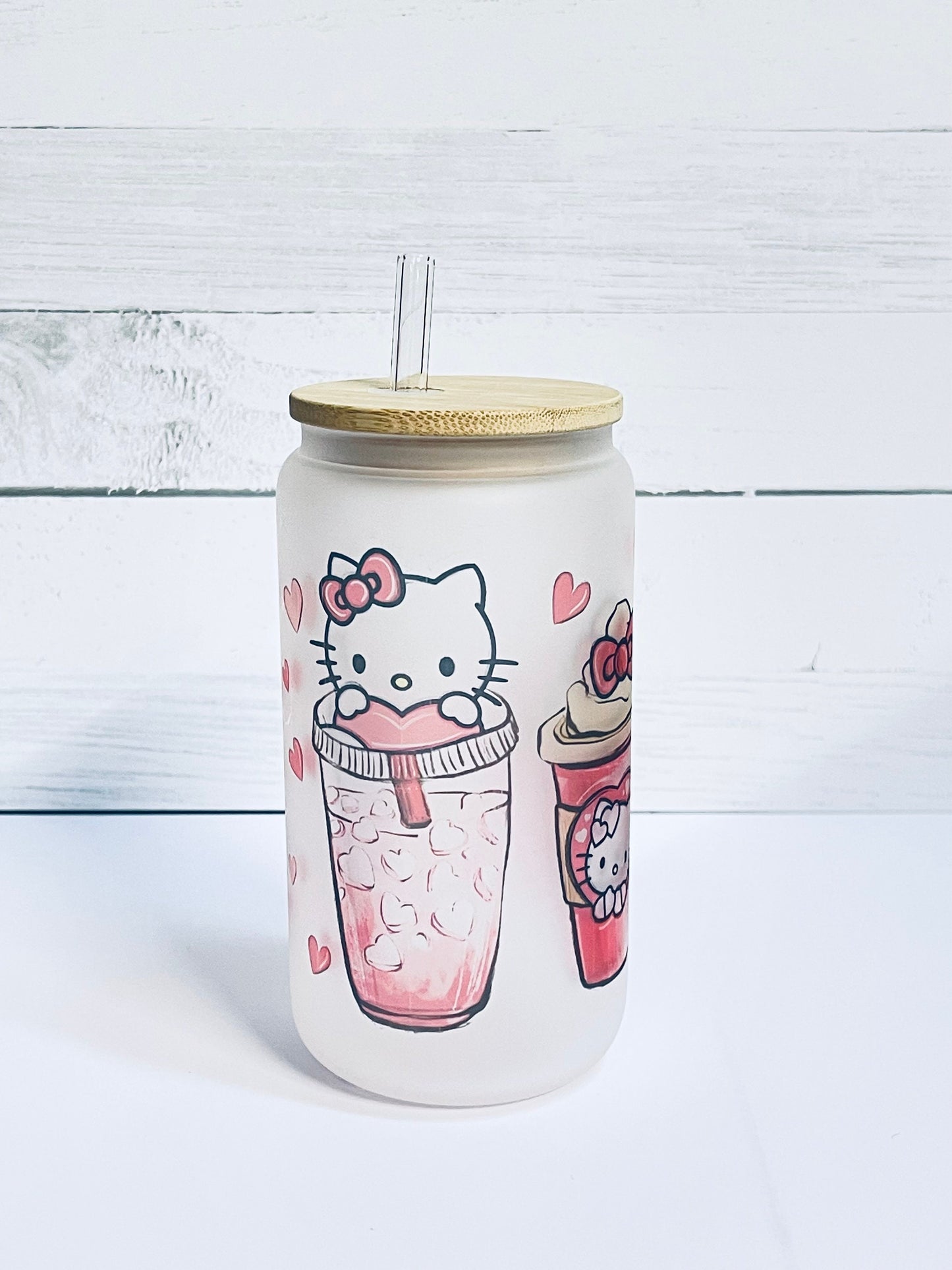 16 oz Frosted glass Hello Kitty love sublimation can Tumbler with Bamboo lid and clear straw