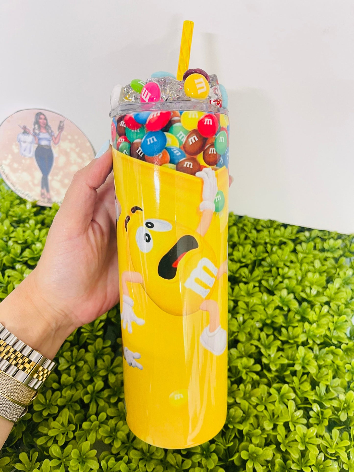 20 oz Straight Double Wall Tumbler, M&M's cup with a 3D Lid with artificial ice cubes and candy. Reusable Plastic yellow straw. summer cup