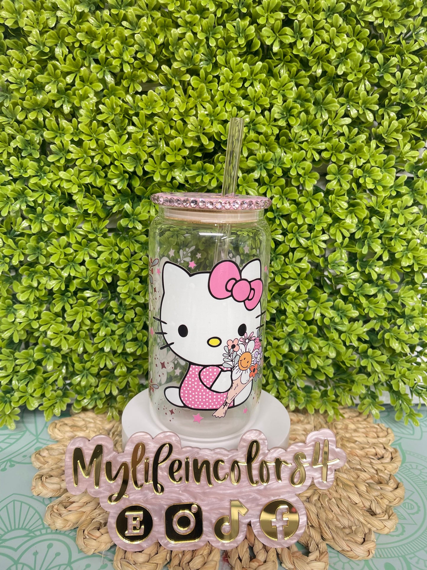 16 oz glass  Kitty glass can Tumbler with Bamboo lid and clear straw