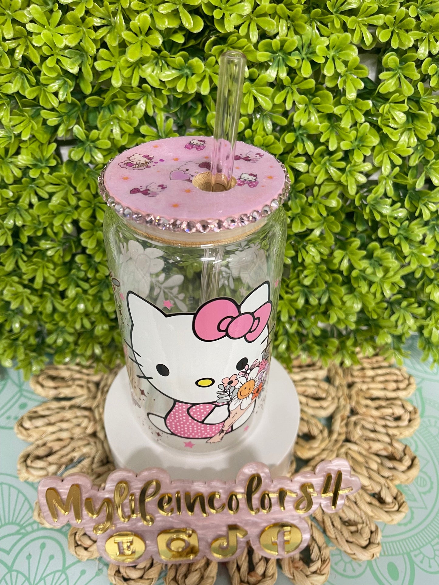 16 oz glass  Kitty glass can Tumbler with Bamboo lid and clear straw