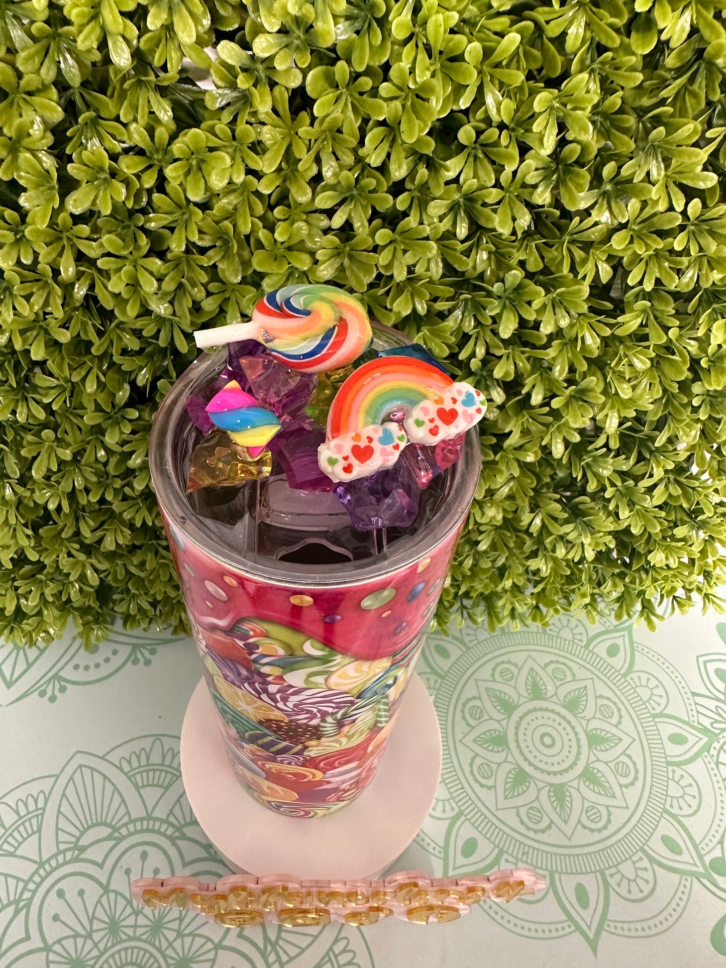 20 oz Straight Double Wall Tumbler candy bubble gum cup with a 3D Lid with artificial ice cubes and candy. Reusable Plastic straw. Christmas